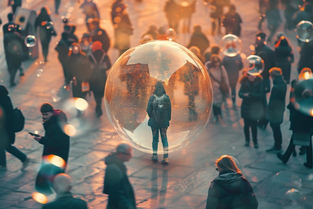 A person is standing in a bubble with a group of people around them