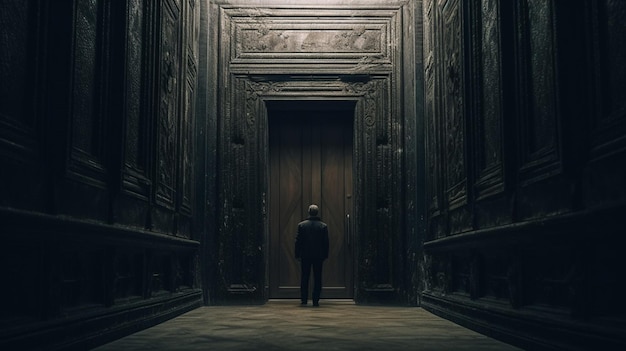 A person is standing in a dark hallway