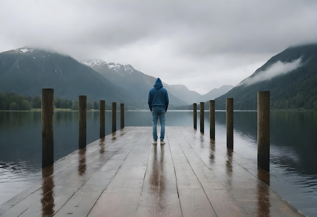 a person is standing on a dock with a person in a blue jacket and a jacket on