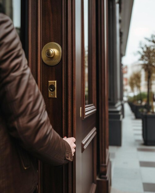 a person is standing in front of a door with a lock on it