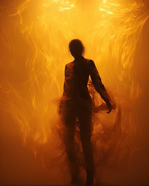 a person is standing in front of a fire that is burning