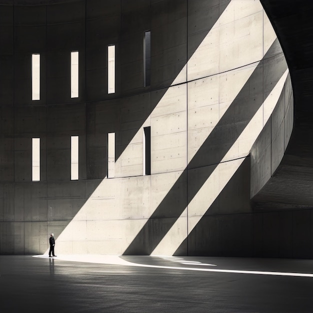 a person is standing in front of a large concrete structure with the sun shining on it