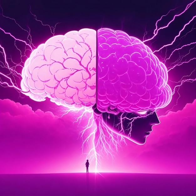 a person is standing in front of a purple poster that says brain