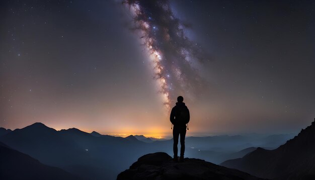 背景に大きな銀河がある山の上に立っている人