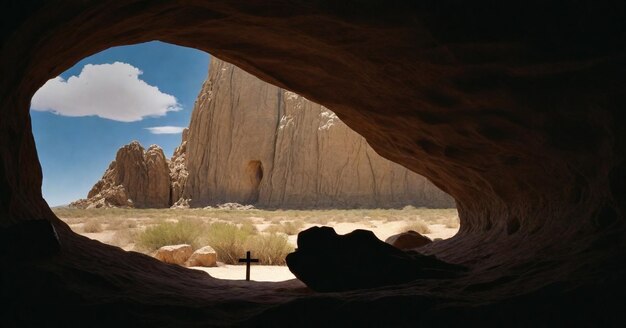 a person is standing under a rock in the desert