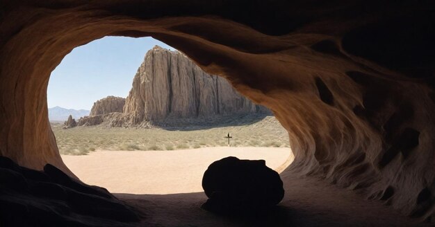 a person is standing under a rock in the desert