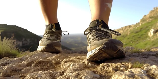 A person is standing on a rock with their shoes on.