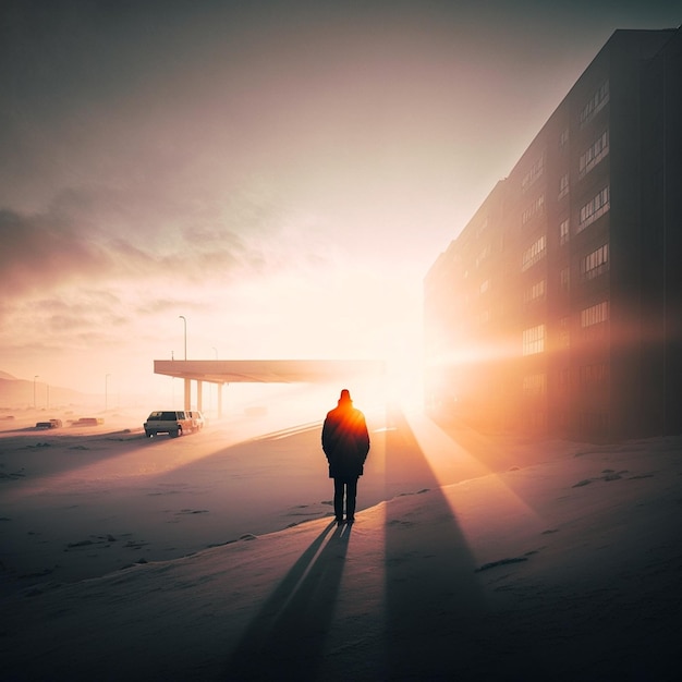 A person is standing in the snow in front of a building with the sun shining on it.