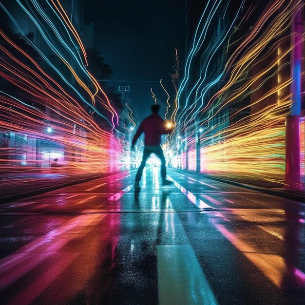 A person is standing in the street with a blurry image of a street with lights on it.