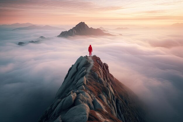 The person is standing on top of the peak