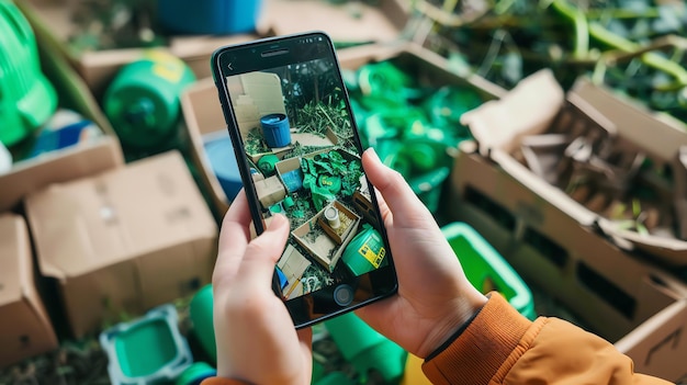 Photo a person is taking a photo of a recycling bin full of green waste the photo is being taken with a smartphone the person is wearing a brown jacket
