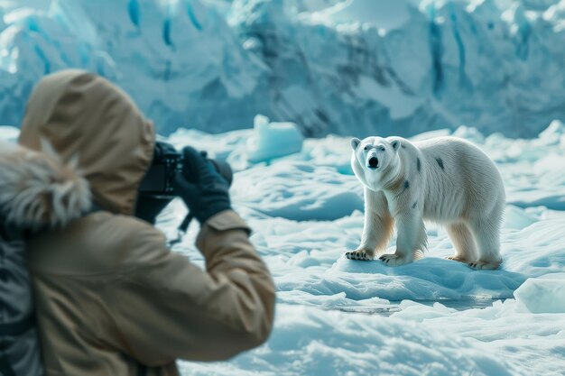 雪の表面で北極熊の写真を撮っている人