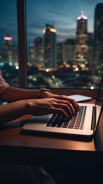 A person is typing on a laptop with a city skyline in the background