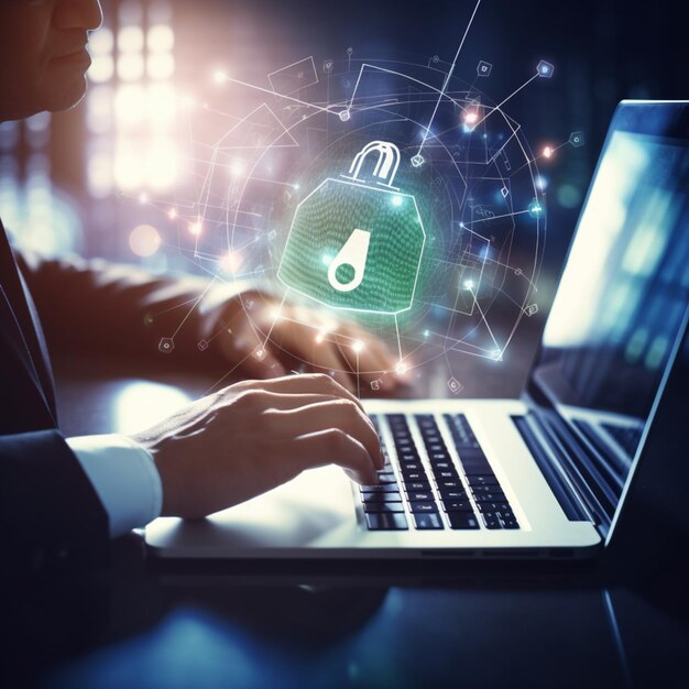 A person is typing on a laptop with a lock on the screen, looking slightly paranoid.