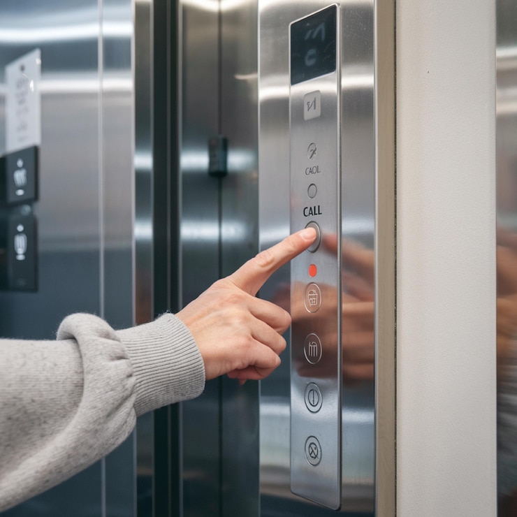Photo a person is using a button on a stainless steel appliance