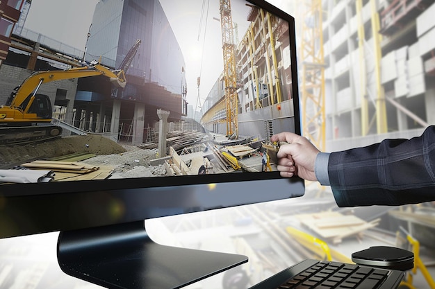a person is using a computer and explaining the building construction to others in the background