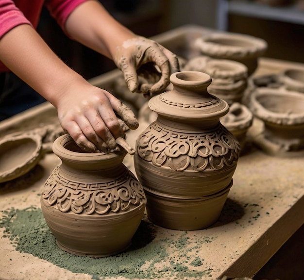 a person is using a hand to make a vase on a table