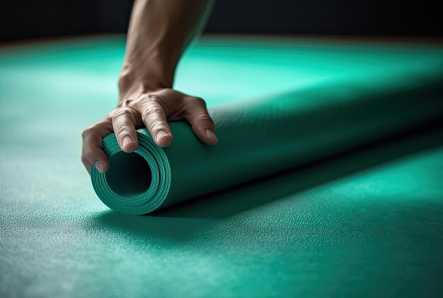 a person is using a mat to start yoga exercise in the style of green and cyan