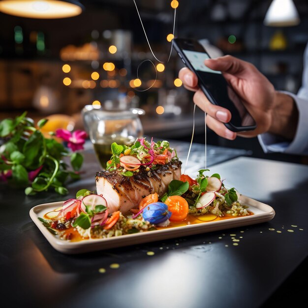 Photo a person is using a phone and a plate of food with a phone