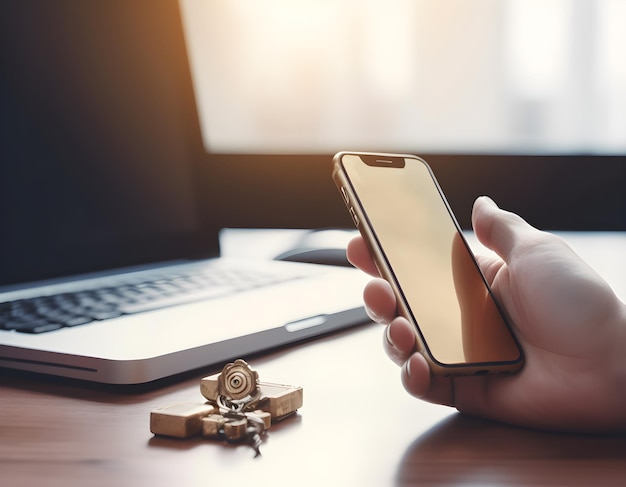 a person is using a smart phone and a keychain on a desk.