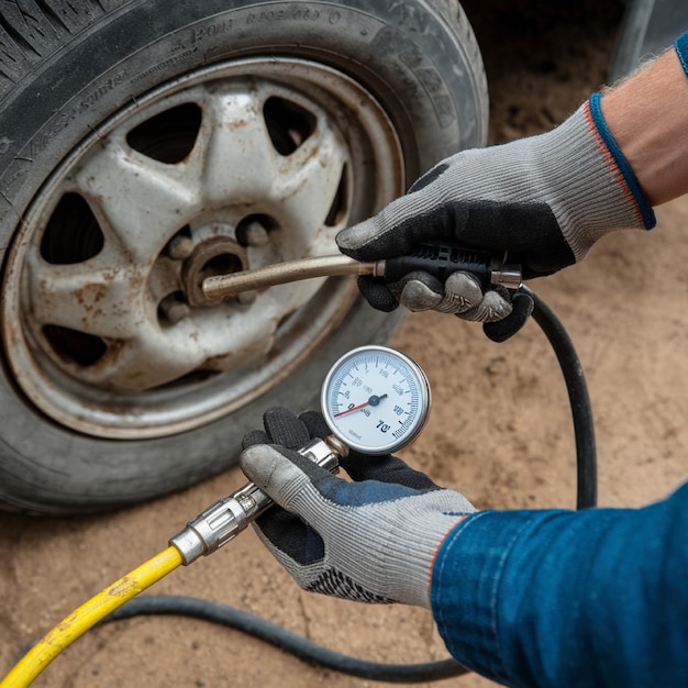 a person is using a tool to measure the tire on a vehicle
