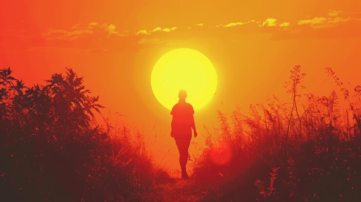 फोटो a person is walking in a field with a large sun in the background the sun is setting creating a warm