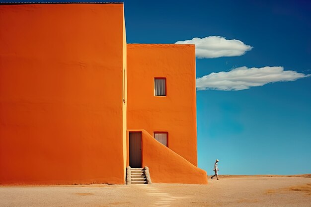 a person is walking in front of a building with a sky background