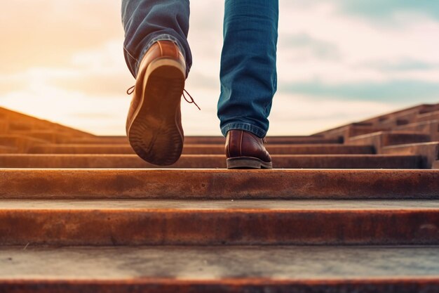 Photo a person is walking up some stairs with the sun setting behind them