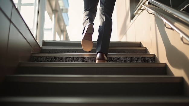 A person is walking up some stairs