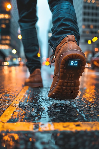 A person is walking on a wet street with a shoe that has a digital display of 80
