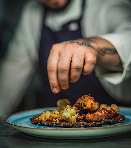 A person is wearing an apron and has a tattoo on their arm.