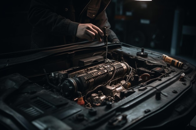 ある人がライトをつけて車のエンジンの作業をしています。