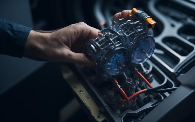 Photo a person is working on a car engine