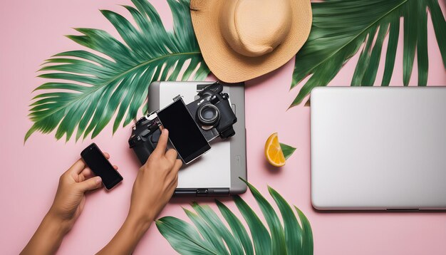 Photo a person is working on a laptop and a palm leaf is on a pink table