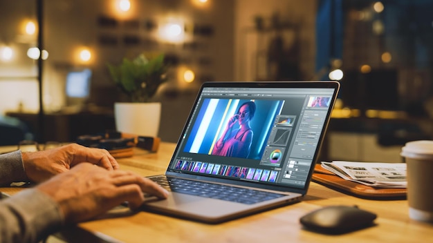 Foto una persona sta lavorando su un laptop con un laptop sul tavolo.