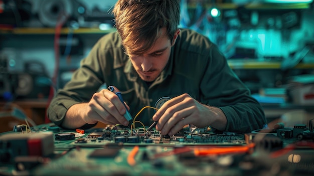 Photo a person is working on a motherboard with a soldering iron aig41