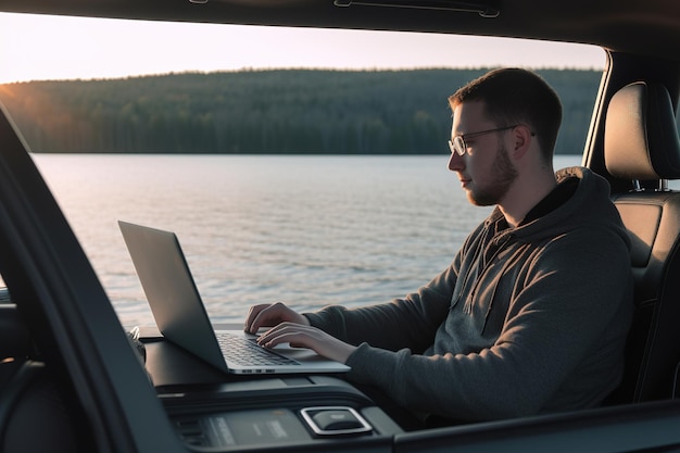 A person is working remotely on laptop while traveling in car generative ai