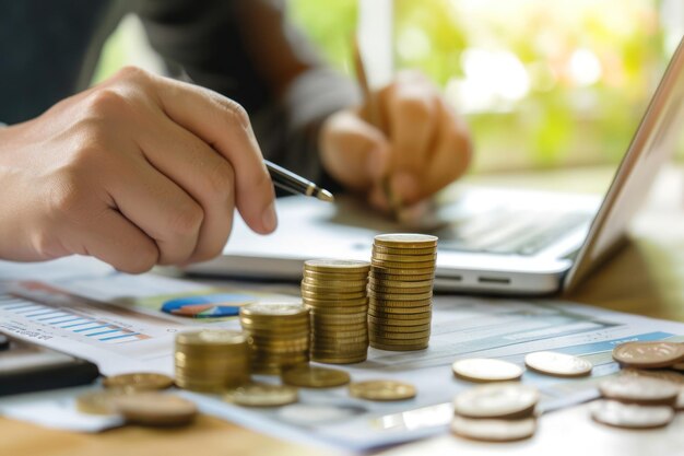 Photo a person is writing on a laptop and some stacks of coins