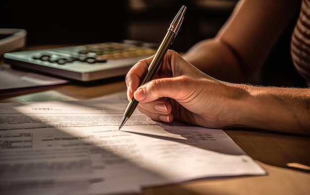 A person is writing on a piece of paper with a pen in it.