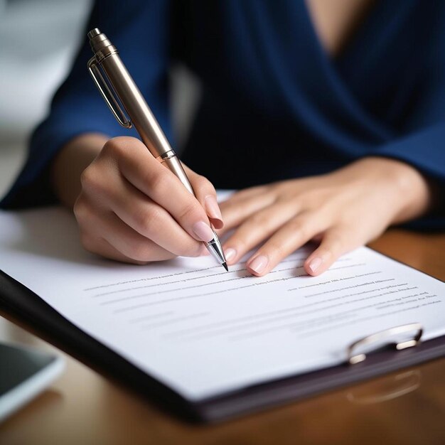 Photo a person is writing in a piece of paper with a pen in it