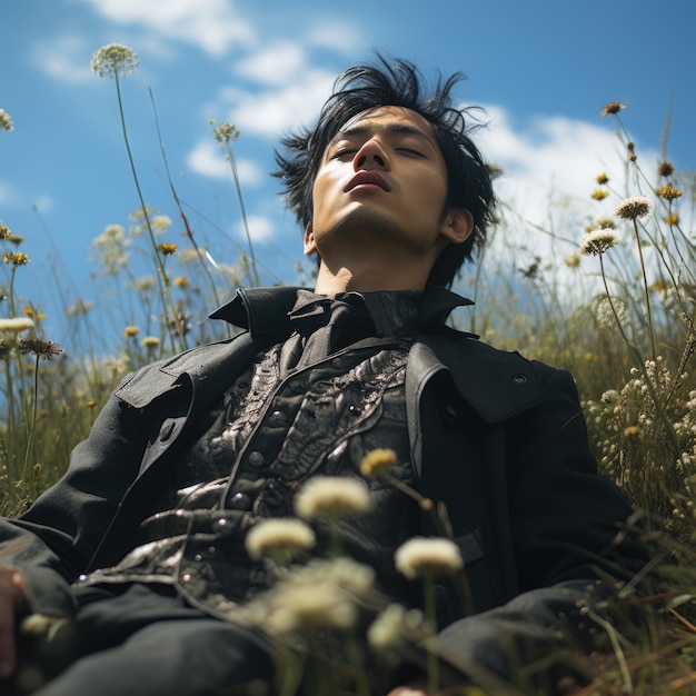 a person in a jacket lays on the grass near a river in the style of dream core ai generated