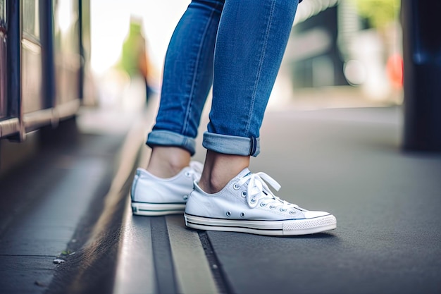 Foto persona in jeans e scarpe da ginnastica closeup dei piedi denim concetto di moda