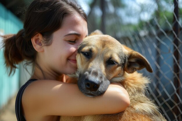 Foto una persona che abbraccia con gioia un cane salvato evidenziando la felicità dell'adozione