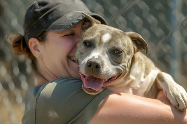 A person joyfully hugging a rescued dog highlighting the happiness of adopting