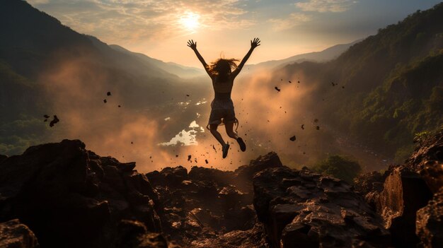 Photo a person jumping from a mountain cliff hope concept