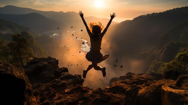 Photo a person jumping from a mountain cliff hope concept