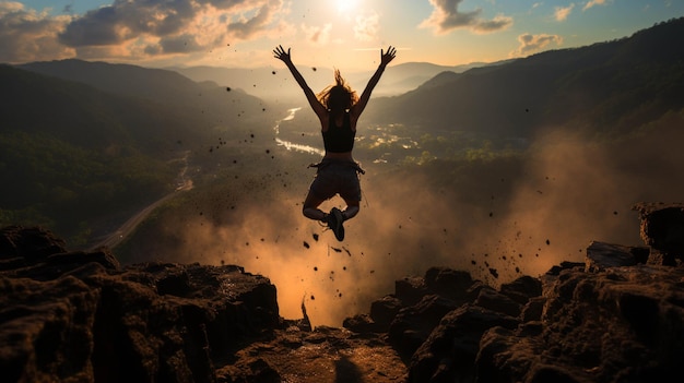 Photo a person jumping from a mountain cliff hope concept