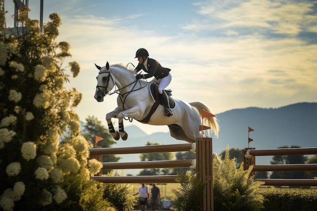 Person Jumping Horse Over Obstacle Equestrian Sport Action Photo Scenic equestrian event with horse and rider jumping a hurdle AI Generated