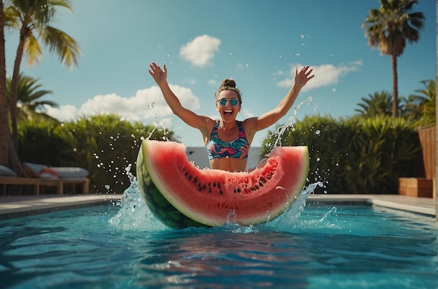 A person jumping into a pool with a watermelon floa