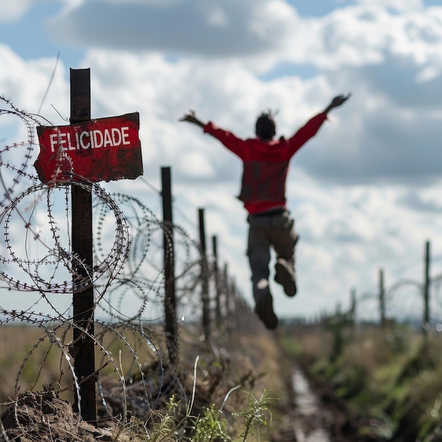 Photo person jumping near barbed wire fence
